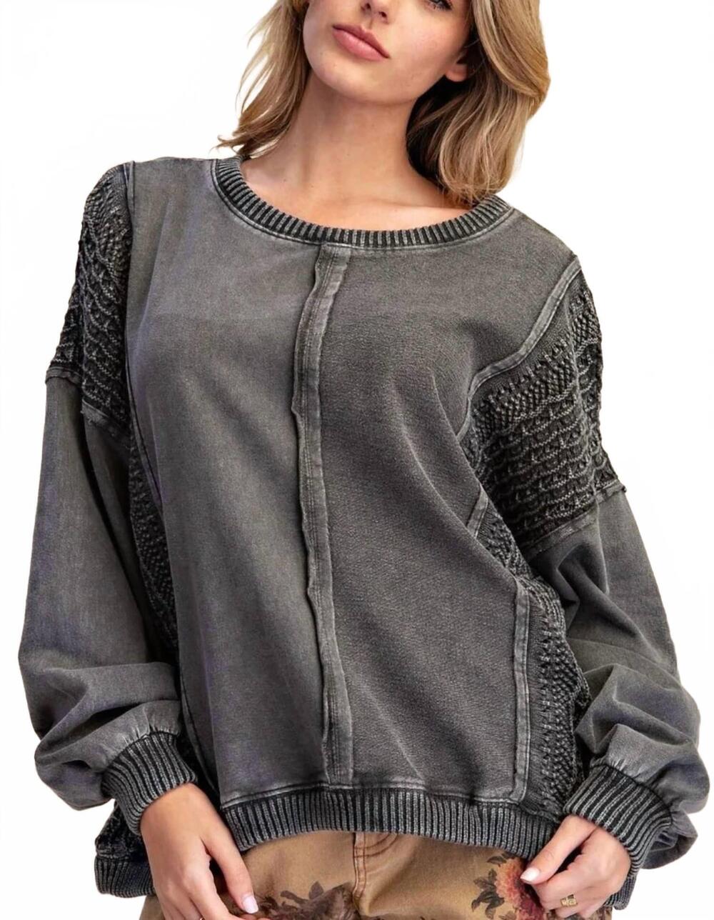 NEW TRIBAL mixed media crewneck raglan long sleeve pullover in black